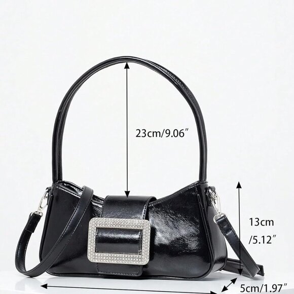 Versatile Black Rhinestone Buckle Shoulder Handbag - Essential Accessory - Picture 3 of 5